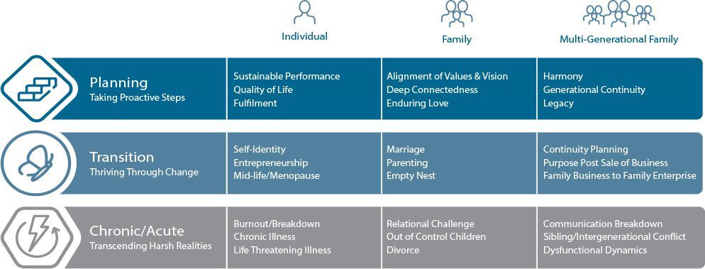Qineticare life-stages framework: Planning, Transition, and Chronic/Acute needs mapped across Individual, Family, and Multi-Generational Family